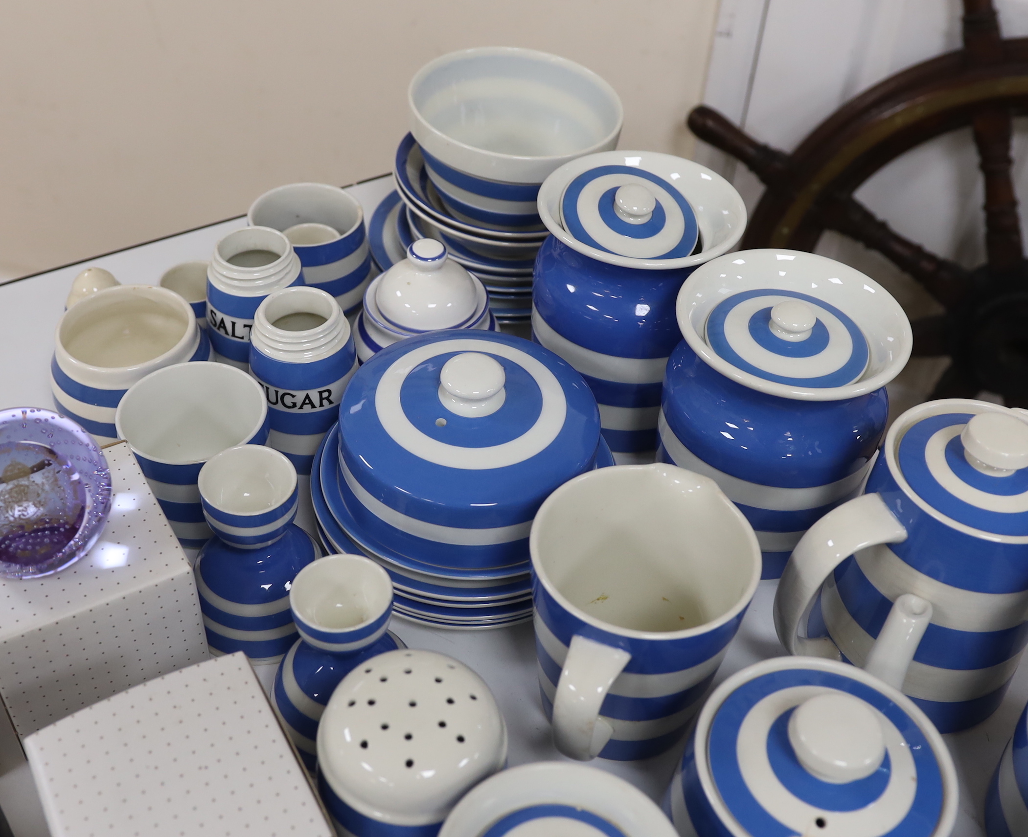 A group of Cornishware comprising mugs, jugs, lidded pots, flour shaker, bowls, salt pot, sugar pot, egg cups, etc. (37)